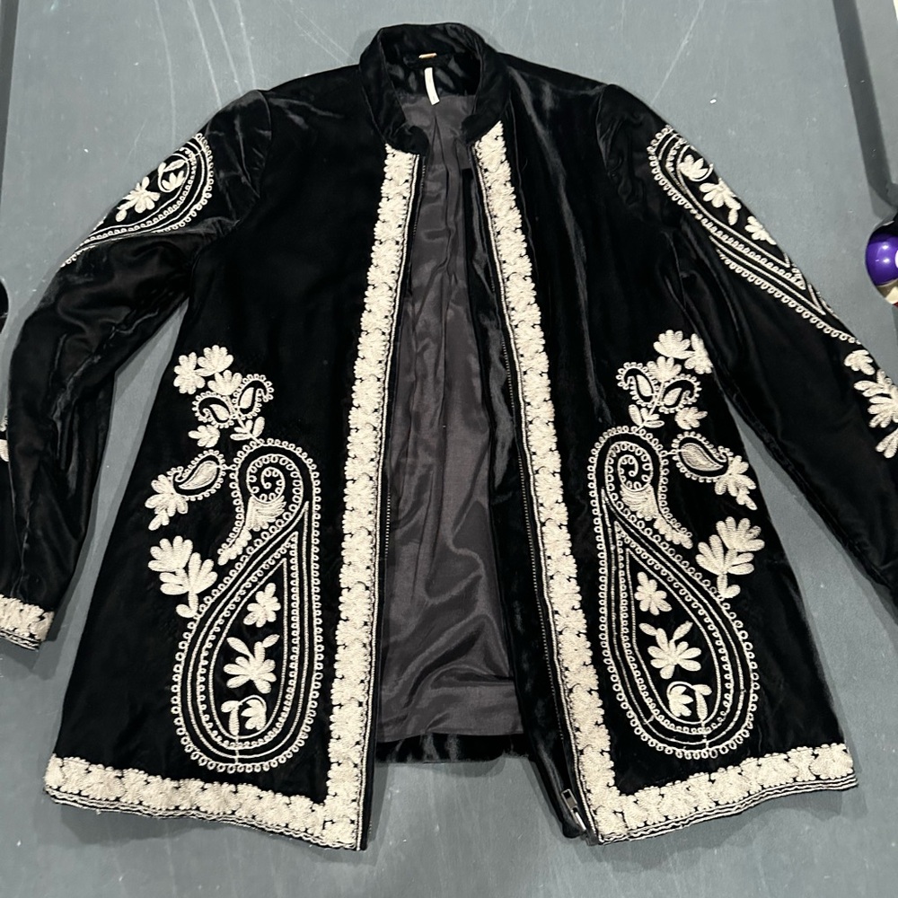 Free People Black and Cream Embroidered Trench Coat